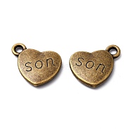 Mother's Day Theme, Tibetan Style Alloy Family Charms, Heart with Word Son, Cadmium Free & Nickel Free & Lead Free, Antique Bronze, 13x15x3mm, Hole: 3mm(X-TIBEP-5409-AB-FF)