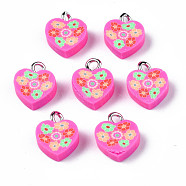 Handmade Polymer Clay Charms, with Platinum Plated Iron Loop, Heart with Flower, Hot Pink, 11~12.5x9.5~10x4~5mm, Hole: 1.8mm(CLAY-N006-46A)