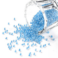 11/0 Grade A Transparent Glass Seed Beads, Inside Color, Luster Plated, Round, Deep Sky Blue, 2.3x1.5mm, Hole: 1mm, about 5300pcs/50g(X-SEED-N001-F-256)