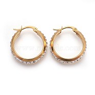 Ion Plating(IP) 304 Stainless Steel Hoop Earrings, with Polymer Clay Rhinestone, Crystal, Golden, 24.5x24x6mm, Pin: 1mm(EJEW-P173-08G)