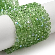 Electroplate Transparent Glass Beads Strands, Faceted, Round, Rainbow Plated, Light Green, 4mm, Hole: 0.7mm, about 88~95pcs/strand, 12.99~14.06 inch(33~35.7cm)(EGLA-A035-T4mm-L09)