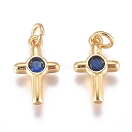 Brass Micro Pave Cubic Zirconia Tiny Cross Charms, with Jump Ring, Long-Lasting Plated, Golden, Marine Blue, 12.5x8x2mm, Hole: 3mm(ZIRC-G168-54G-02)