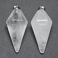 Natural Quartz Crystal Pointed Pendants, Rock Crystal Pendants, with Brass Findings, Bullet, Platinum, 38.5x16x14.5mm, Hole: 5x8mm(KK-E757-F-08P)