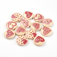 2-Hole Printed Wooden Buttons, Flat Round with Heart Pattern, Moccasin, 20x5mm, Hole: 1.5mm(X-WOOD-S037-001)
