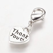 Alloy Pendant, with Brass Lobster Claw Clasps, Heart with Word Thank You, Antique Silver, 26mm(X-HJEW-JM00289-06)