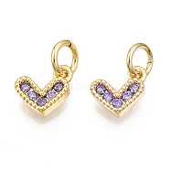 Brass Micro Pave Cubic Zirconia Charms, with Jump Ring, Heart, Real 16K Gold Plated, Nickel Free, Mauve, 8x8x2mm, Jump Ring: 5x1mm, 3mm inner diameter(KK-N227-33G-08-NF)