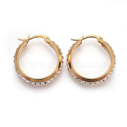 Ion Plating(IP) 304 Stainless Steel Hoop Earrings, with Polymer Clay Rhinestone, Crystal, Golden, 24.5x24x6mm, Pin: 1mm(EJEW-P173-08G)