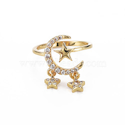 Clear Cubic Zirconia Moon & Star Cuff Ring, Brass Drop Charm Open Ring for Women, Nickel Free, Real 18K Gold Plated, US Size 6 1/4(16.7mm)(RJEW-N035-072-NF)