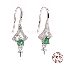 Rhodium Plated 925 Sterling Silver Earring Hooks, with Medium Sea Green Cubic Zirconia, Twist Rhombus, for Half Drilled Beads, Platinum, 25mm, 21 Gauge, Pin: 0.7mm and 0.6mm, Tray: 6x3mm(STER-D035-28P)