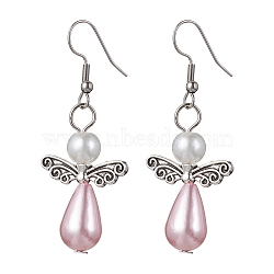 Platinum Alloy & Plastic Dangle Earrings, Angle, Pink, 54.5x22mm(EJEW-JE05599-02)