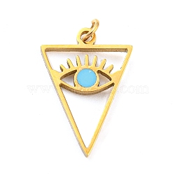 304 Stainless Steel Charms, with Enamel and Jump Ring, Real 14K Gold Plated, Triangle with Eye Charm, Light Sky Blue, 15x10x1mm, Hole: 2mm(STAS-P333-16G)