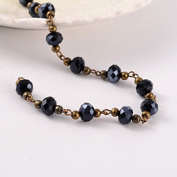 Handmade Glass Beaded Chains for Necklaces Bracelets Making, with Brass Beads and Brass Eye Pin, Unwelded, Black & Pearl Luster Plated, 39.3 inch, 1m/strand