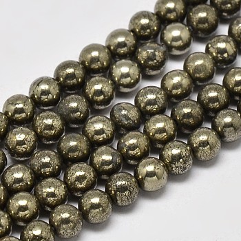 Natural Pyrite Round Beads Strands, Grade A, 10mm, Hole: 1mm, about 40pcs/strand, 16 inch