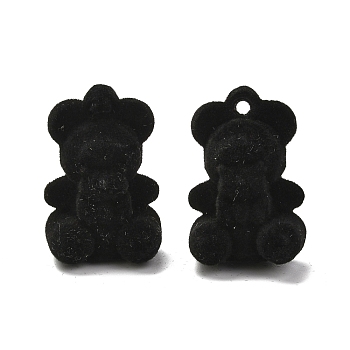 3D Bear Flocky Acrylic Pendants, with Velet, for DIY Jewelry Pendant Earrings Accessories, Black, 30x20x17.8mm, Hole: 2.5mm
