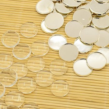 Brass Cabochons Settings and Flat Round Transparent Clear Glass Cabochons, Cadmium Free & Lead Free, Silver Color Plated, Tray: 18mm, Glass: 18x4mm