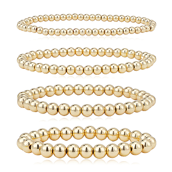 4Pcs 4 Size Brass Round Beaded Stretch Bracelets Set for Women, Golden, Wide: 5~8mm, Inner Diameter: 2 inch(5cm)~2-1/8 inch(5.4cm), 1Pc/style