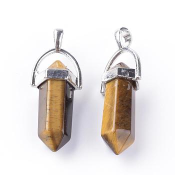 Natural Tiger Eye Double Terminated Pointed Pendants, with Platinum Tone Alloy Findings, Bullet, 35~42x11~13x7.5mm, Hole: 3.5x4.5mm