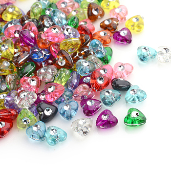 Plating Transparent Acrylic Beads, Silver Metal Enlaced, Heart, Mixed Color, 8x8x4.5mm, Hole: 1mm