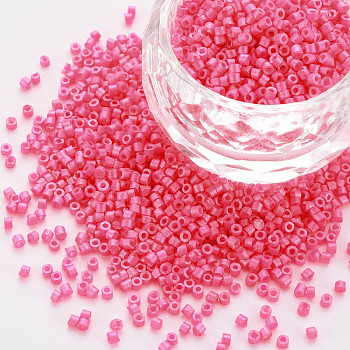 Fluorescent Color Glass Cylinder Beads, Seed Beads, Baking Paint, Round Hole, Deep Pink, 1.5~2x1~2mm, Hole: 0.8mm, about 8000pcs/bag, about 1pound/bag
