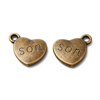 Mother's Day Theme, Tibetan Style Alloy Family Charms, Heart with Word Son, Cadmium Free & Nickel Free & Lead Free, Antique Bronze, 13x15x3mm, Hole: 3mm