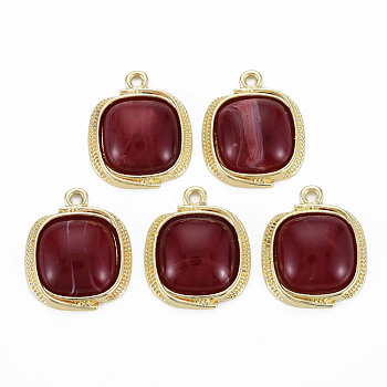 Light Gold Plated Alloy Pendants, with Resin, Cadmium Free & Nickel Free & Lead Free, Square, Dark Red, 22.5x19x6mm, Hole: 2mm