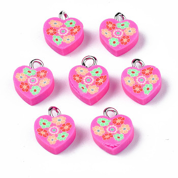 Handmade Polymer Clay Charms, with Platinum Plated Iron Loop, Heart with Flower, Hot Pink, 11~12.5x9.5~10x4~5mm, Hole: 1.8mm