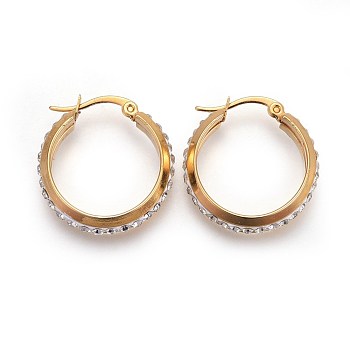 Ion Plating(IP) 304 Stainless Steel Hoop Earrings, with Polymer Clay Rhinestone, Crystal, Golden, 24.5x24x6mm, Pin: 1mm