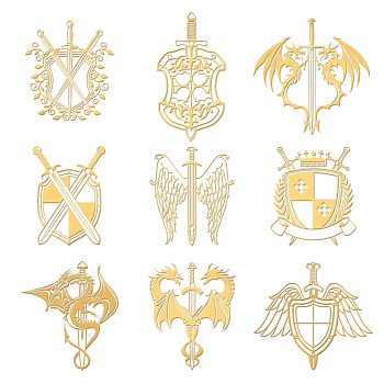 Nickel Decoration Stickers, Metal Resin Filler, Epoxy Resin & UV Resin Craft Filling Material, Golden, Sword, Dragon, 40x40mm, 9 style, 1pc/style, 9pcs/set