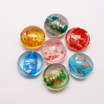 Handmade Gold Sand Lampwork Beads, Flat Round, Mixed Color, 20x10mm, Hole: 2mm