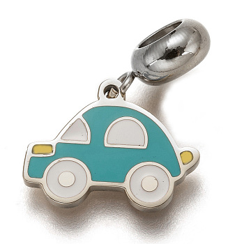 304 Stainless Steel European Dangle Charms, Large Hole Pendants, with Enamel, Car, Turquoise, 22mm, Car: 12.5x16x1.5mm, Hole: 4.5mm