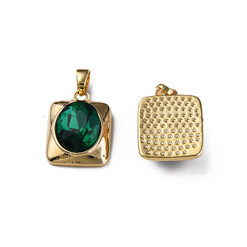 Brass Cubic Zirconia Pendants, with Brass Snap on Bails, Real 18K Gold Plated, Nickel Free, Rectangle, Green, 16x12x5.5mm, Hole: 2.5x4mm