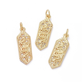 Brass Micro Pave Cubic Zirconia Pendants, with Jump Rings, Long-Lasting Plated, Hexagon and Snake, Clear, Golden, 25x8x2.5mm, Hole: 3.4mm