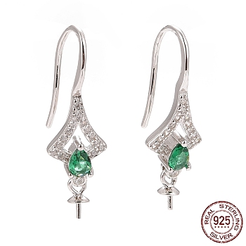 Rhodium Plated 925 Sterling Silver Earring Hooks, with Medium Sea Green Cubic Zirconia, Twist Rhombus, for Half Drilled Beads, Platinum, 25mm, 21 Gauge, Pin: 0.7mm and 0.6mm, Tray: 6x3mm