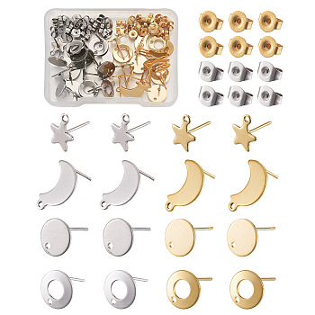 304 Stainless Steel Stud Earring Findings, with Ear Nuts, Mixed Shapes, Golden & Stainless Steel Color, Stud Earring Findings: 16pairs/box, Ear Nuts: 2 colors, 20pcs/color, 40pcs