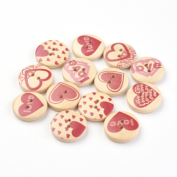 2-Hole Printed Wooden Buttons, Flat Round with Heart Pattern, Moccasin, 20x5mm, Hole: 1.5mm