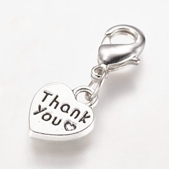 Alloy Pendant, with Brass Lobster Claw Clasps, Heart with Word Thank You, Antique Silver, 26mm