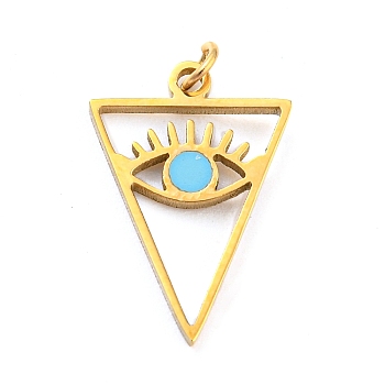 304 Stainless Steel Charms, with Enamel and Jump Ring, Real 14K Gold Plated, Triangle with Eye Charm, Light Sky Blue, 15x10x1mm, Hole: 2mm