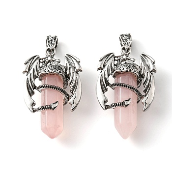 Natural Rose Quartz Pointed Pendants, Faceted Bullet Charms, with Rack Plating Platinum Tone Alloy Dragon Findings, Cadmium Free & Lead Free, 39~41x24~25x13~14mm, Hole: 4x8mm