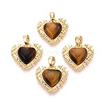 Natural Tiger Eye Pendants, Heart Charms with Brass Settings, Real 18K Gold Plated, 16.5x18x6~6.5mm, Hole: 4.5x2.5mm(KK-N287-02G)