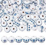 120Pcs 3 Styles Printed Blue and White Porcelain Wood Beads, Round, Mixed Shapes, 16x15mm, Hole: 4.5mm, 40pcs/style(WOOD-OC0004-16)