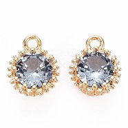 Brass Micro Pave Cubic Zirconia Charms, Nickel Free, Real 18K Gold Plated, Faceted Flat Round, Light Blue, 9x7x4mm, Hole: 1.2mm(KK-S356-772A)