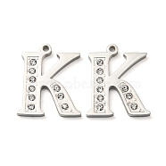 304 Stainless Steel Pendants, with Rhinestone, Letter K, Letter K, 18x15x2mm, Hole: 1.4mm(STAS-L022-157P-K)