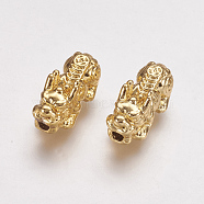 Feng Shui Real 24K Gold Plated Alloy Beads, Pixiu with Chinese Character Cai, 15x7x7mm, Hole: 2mm(PALLOY-L205-06C)