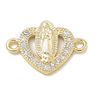 Rack Plating Brass Micro Pave Clear Cubic Zirconia Religion Heart Virgin Mary Connector Charms, Long-Lasting Plated, Lead Free & Cadmium Free, Real 18K Gold Plated, 10.5x16x2.2mm, Hole: 1.6mm(KK-L224-099G-04)