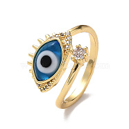 Lampwork Evil Eye Open Cuff Ring with Clear Cubic Zirconia, Real 18K Gold Plated Brass Jewelry for Women, Light Sky Blue, Inner Diameter: 18mm(RJEW-L104-05G-03)
