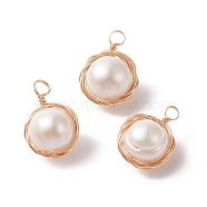 Natural Cultured Freshwater Pearl Pendants, Potato Charms, with Light Gold Tone Copper Wire Wrapped, 18~18.5x13~14x9.5~10mm, Hole: 3~3.5mm(PALLOY-JF01979-01)