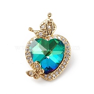 Real 18K Gold Plated Rack Plating Brass Micro Pave Clear Cubic Zirconia Pendants, with Glass, Long-Lasting Plated, Cadmium Free & Lead Free, Heart & Butterfly Charm, Dark Turquoise, 23x15x9mm, Hole: 5x2.5mm(KK-C015-27G-17)