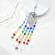 Hamsa Hand/Hand of Miriam with Evil Eye Alloy Pendant Decoration, Hanging Suncatcher, with Glass Teardrop/Cone Charm and Octagon Link, Colorful, 490mm(WG81915-03)