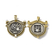 Rack Plating Brass Micro Pave Clear Cubic Zirconia Pendants, with ABS Imitation Pearl, Cadmium Free & Lead Free & Nickle Free, Shield with Greece Coin Charm, Antique Silver & Antique Golden, 23x23.5x4mm, Hole: 4.5x3mm(KK-I696-08)