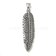 316 Surgical Stainless Steel Pendants, Feather Charmr, Antique Silver, 56.5x15x3.5mm, Hole: 4x8mm(STAS-Z073-80AS)